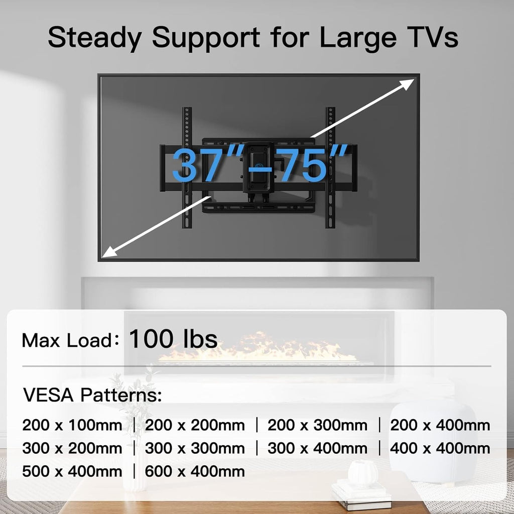 Pipishell Full Motion TV Wall Mount for 37-75 inch Flat/Curved TVs up to 100lbs, Wall Mount TV Bracket Swivel and Tilt, TV Mount Fits 8/12/16" Wood Studs, Max VESA 600x400mm, PILF3 - Image 3