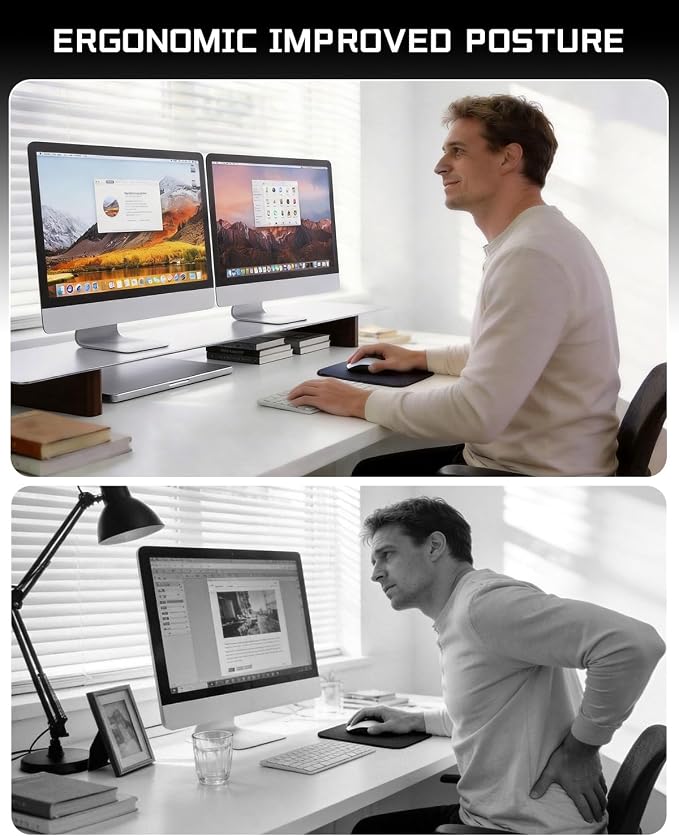 Aluminum Dual Monitor Stand Riser, Ergonomic Desktop Shelf with Wooden Legs - 42.5” Wide Heavy Duty Computer Stand for Home Office, Desktop Monitor Riser for PC, iMac, MacBook, Laptop - Image 5