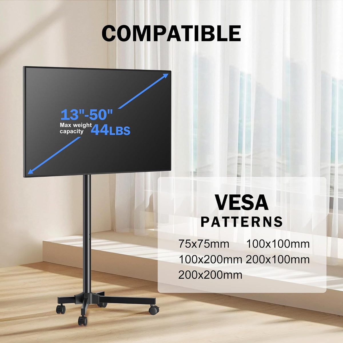 Mobile TV Carts, Rotating Rolling TV Stand on Wheels for 13-50" Flat/Curved TVs Height Adjustable 30° Tilt Floor TV Stand Portable Monitor Stand Holds up to 44lbs Max VESA 200x200mm ML1350 - Image 6