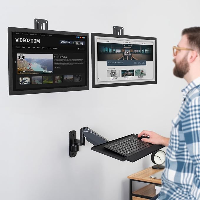 VIVO Sit-Stand 17 to 32 inch Dual Monitor Wall Mount with Pneumatic Arm Keyboard Tray Combo, Height Adjustable, Max VESA 100x100mm, Black, Mount-VWKB2 - Image 2