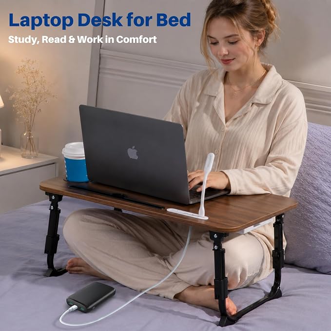 Laptop Desk for Bed, Height Adjustable Laptop Bed Table, Foldable Portable Lap Desk Stand with USB/Storage Drawer/Cup Holder/Slot, Breakfast Tray for Working Reading Writing Eating - Image 2