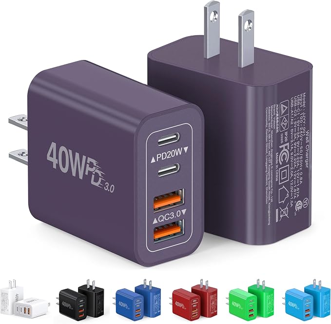 [2-Pack] 40W USB C Charger Block, 4-Port Type C Fast Charging Brick Dual PD&QC Wall Plug Adapter Power Brick for iPhone 13/14/15/16/17 Pro Max Plus/iPad/Airpods/iwatch/Samsung Galaxy (Purple) by CSODINCE