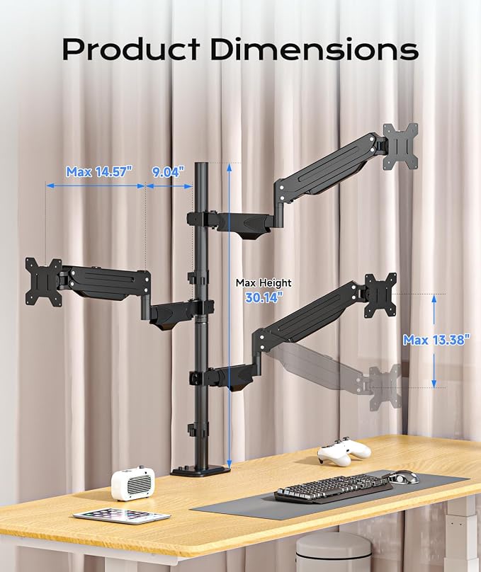 Pholiten Triple Monitor Mount, 3 Gas Spring Arms for Up to 32" | Fully Adjustable Heavy Duty Cable Management Monitor Stand, Each Arm Holds 22 lbs - Image 4