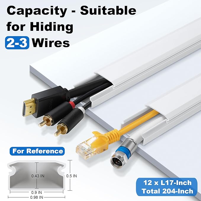 ZhiYo Wall Cable Hider, Cord Hider to Hide 2-3 Cords, TV Wire Hider for Wall, 204in Cable Management Kit, 12 x L17in Cable Raceway White, Paintable Cable Concealer, W0.98in x H0.5in - Image 2