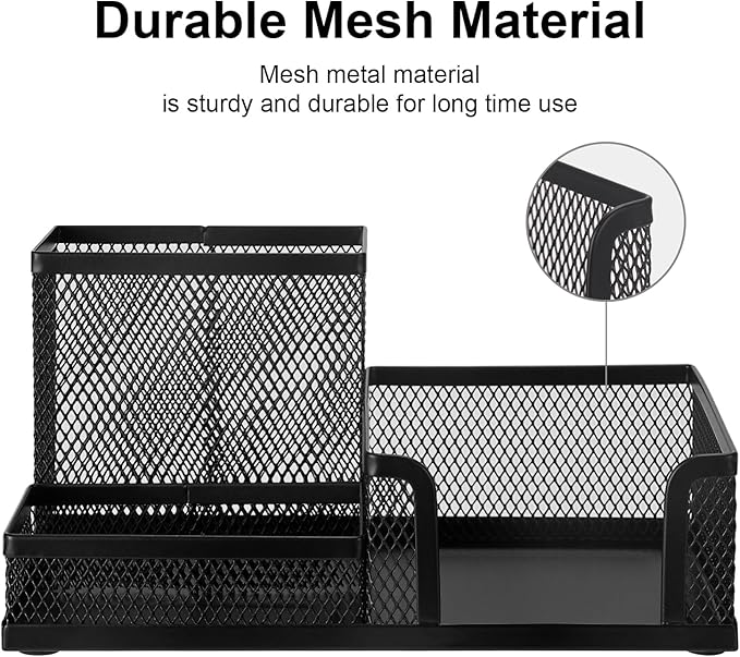 Comix Mesh Pen Holder, Desk Organizer for Home Office, Black | 3 Compartment Pencil Holder, Sticky Notes Holder, Pen Organizer Office Supplies - Image 5