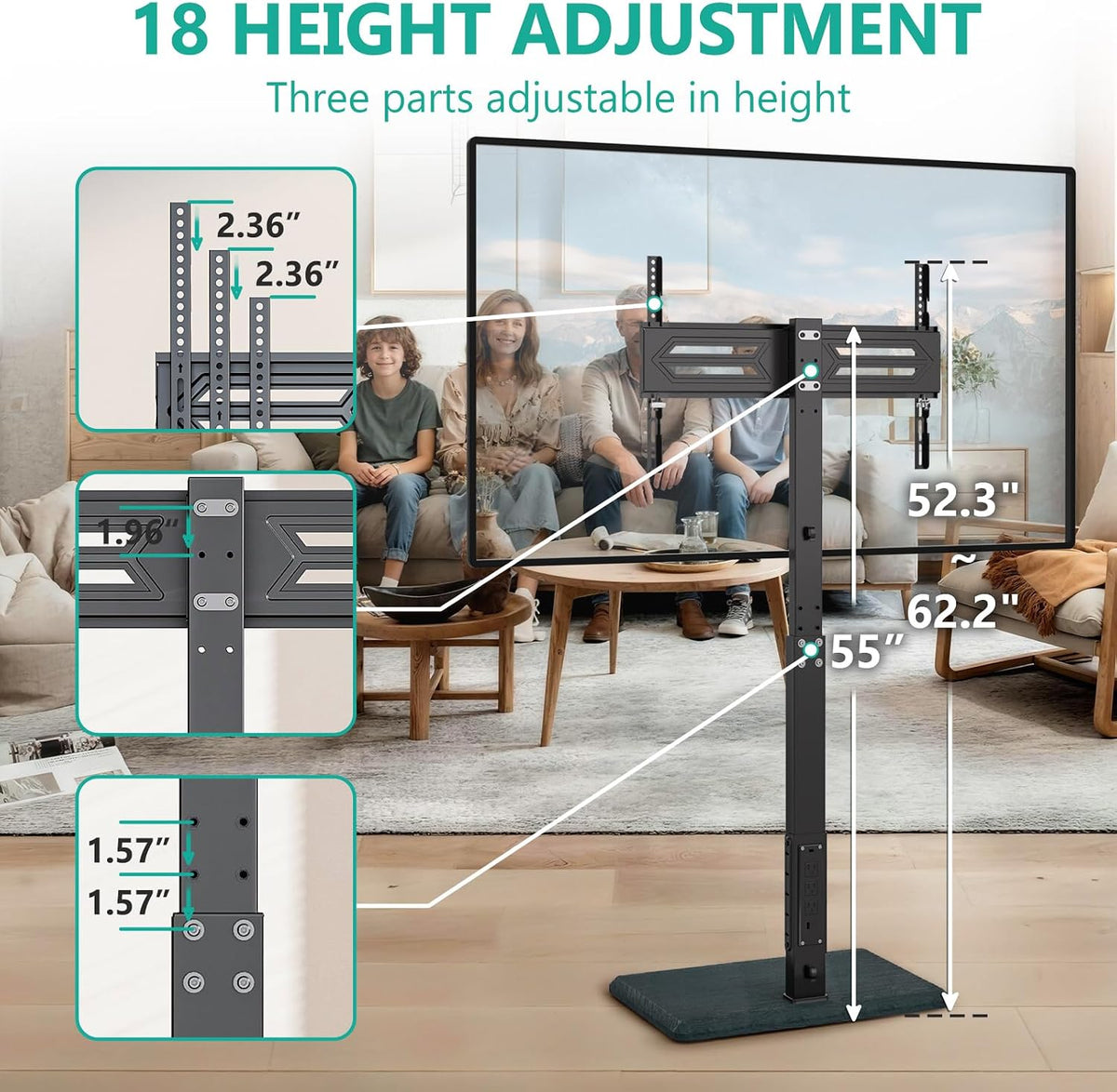 WALI Floor TV Stand with Power Outlet, Tall TV Stand Mount for 32-75 inch TV up to 110 lbs, Swivel and Height Adjustable TV Stands with Wood Base for Bedroom, Living Room(TVDVD-7P), Black - Image 3