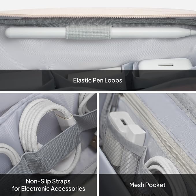 TOPEAST Quilted Cable Organizer Bag, Soft Tech Pouch & Travel Electronics Case with Elastic Pen Loop, Tangle-Free Cord Organizer for Women, Office Desk, AirPods, Chargers & Accessories, Beige - Image 5