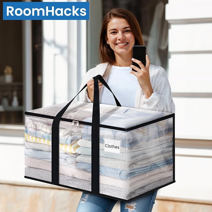 RoomHacks Moving Bags, Heavy Duty Large Storage Bags, 88L, 8 Pack, Clear | Water-Resistant Packing Bags with Reinforced Handles & Dual Zippers, Foldable Storage Totes for Dorm Move & Home Organization - Image 6