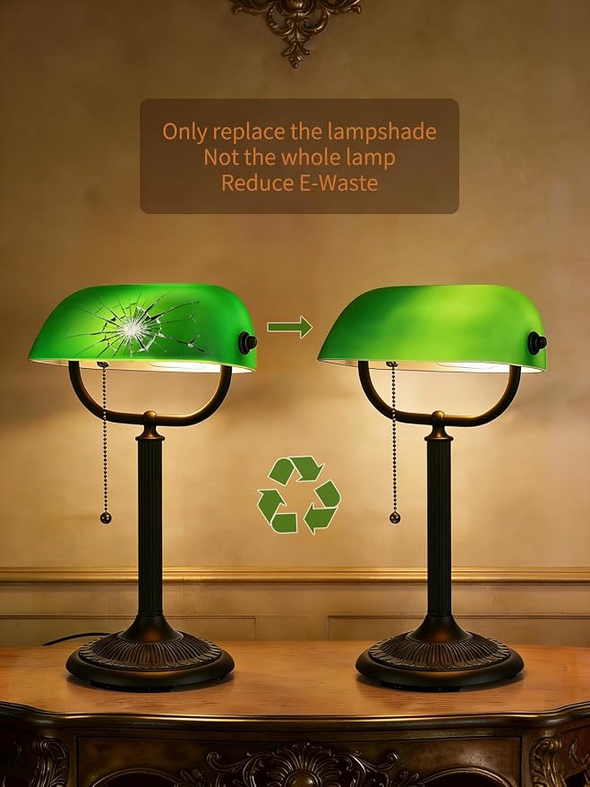 1-Minute Quick-Change Shade Antique Green Glass Bankers Desk Lamp | Study Office Library,LED Bulb Included - Image 3