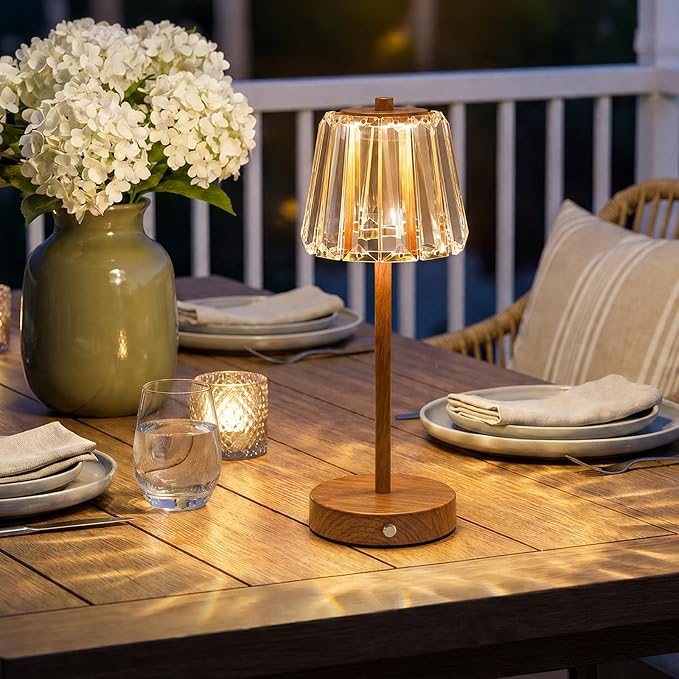 13" Small Crystal Cordless Table Lamp, Touch Rechargeable Desk Lamps | 3 Color Temps, Stepless Dimming, Wood Grain Portable Battery Operated LED Desk Lamps for Bedside, Nightstand, Kitchen, Patio - Image 8