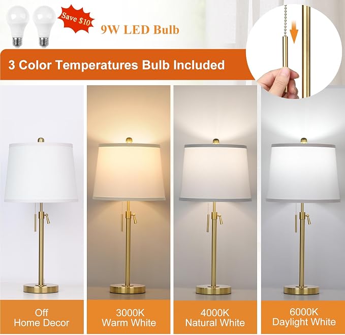 JUNNAI 2 Pack 22"-30" Adjustable Height Table Lamps Set, Modern Gold Table Lamps with White Shade 3 Colour Temperature Pull Chain Tall Lamps for Living Room Bedroom Bedside End Table Nightstand - Image 3