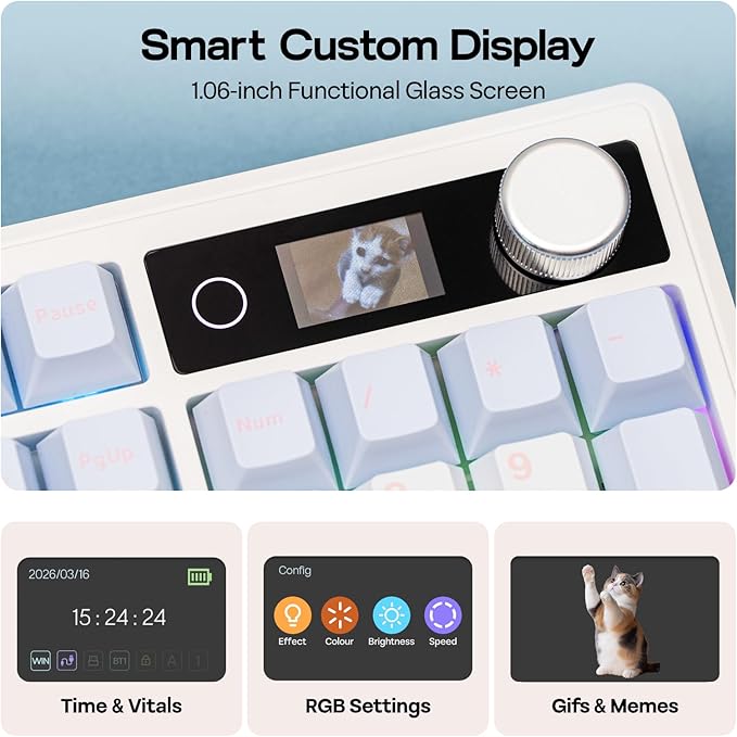 EPOMAKER TH108 V2 PRO Full Size Mechanical Keyboard with Screen&Knob | 10000mAh, BT/2.4Ghz, Mac Modifier PBT Keycap, RGB, Gasket, Wireless Gaming Keyboard for Mac/PC (Blue, Sea Salt Silent) - Image 3