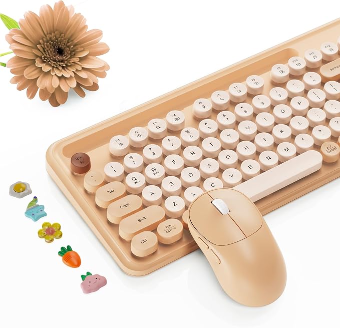 Wireless Keyboard and Mouse Combo, Retro Round Keycaps, Full-Size Typewriter Keyboard with Phone/Tablet Holder, Ergonomic Mouse with 3-Level DPI, 2.4GHz Connection for Windows/PC (Beige Colorful) | Full-Size Retro Typewriter-Style Keyboard, Tilt Legs, ... - Image 9