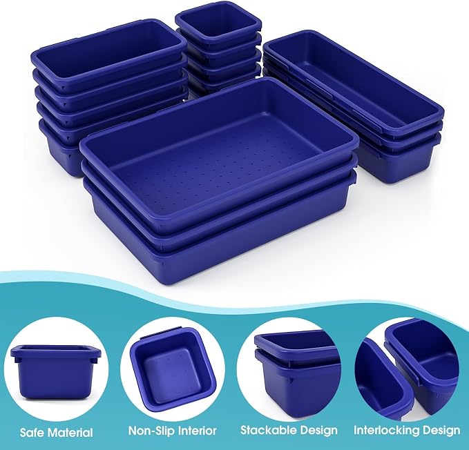 StoreHappily 16 PCS Drawer Organizer Set, 4 Size Makeup Drawer Divider Organizer With Non-Slip Pads, Interlocking Plastic Storage Bins for Office,Jewelry Vanity,Gadgets, Bathroom,Kitchen, Navy - Image 3