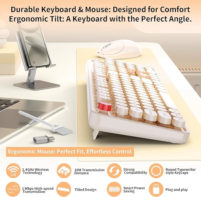 Wireless Keyboard Mouse, MOFII 104 Keys Cute Retro Typewriter Coffee | With OTG & Long Clean Bruch,Compatible With All windows and Type C Computer,1600DPI,Ideal For PC, Home, Office and College - Image 2