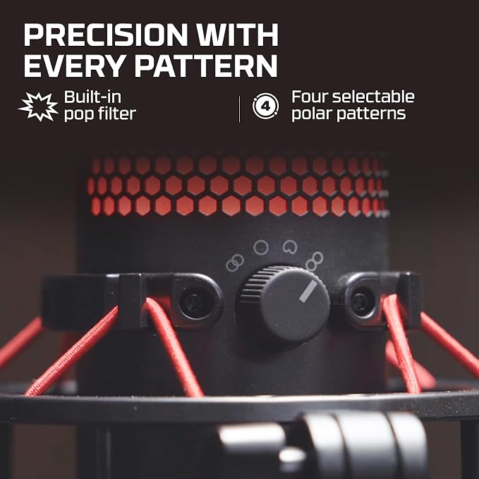 HyperX QuadCast - USB Condenser Gaming Microphone, for PC, PS4, PS5 and Mac, Anti-Vibration Shock Mount, Four Polar Patterns, Pop Filter, Gain Control, Podcasts, Twitch, YouTube, Discord, Red LED - Image 3