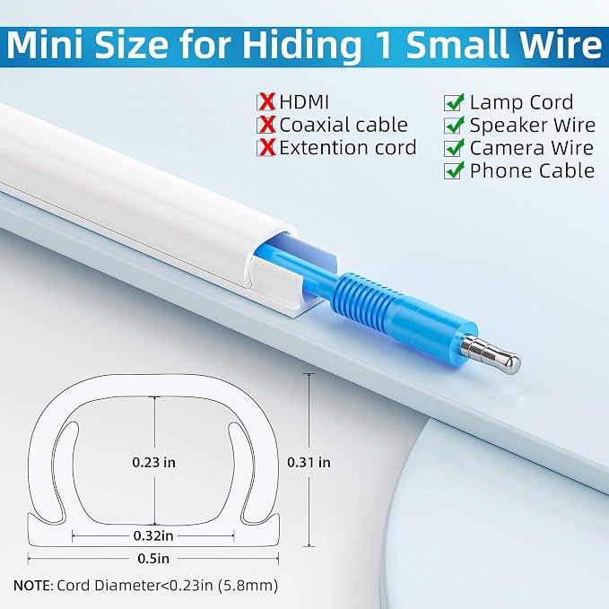 Yecaye 128in Mini Cord Hider, On-Wall Cord Cover, W0.5in H0.31in, White | Small Cord Covers for Wires on wall, Cable Management Hider for Single Wire, Cable Cover - Image 2
