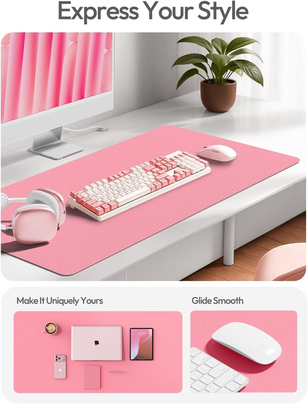 YSAGi Leather Desk Pad Protector, Large Mouse Pad, Non-Slip PU Leather Desk Blotter, Laptop Desk Pad/Mat, Waterproof Writing Pad for Office and Home (23.6" x 13.8", Pink) - Image 2