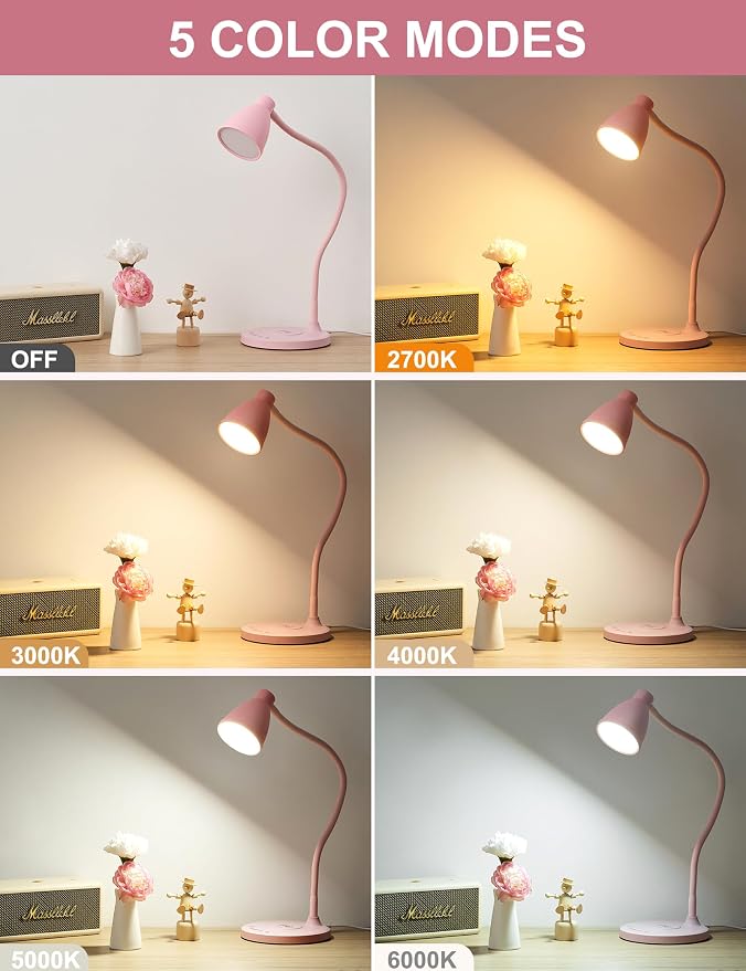 BOHON Cute Desk Lamp for Home Office with USB C+A Charging Port Timer Pink | LED Desk Light with Wireless Charger 5 Colors Stepless Dimming Reading Light Touch Bedside Table Lamp for College Dorm Room - Image 2