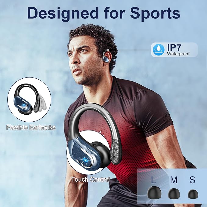 Wireless Earbud, Bluetooth 5.4 Headphones IP7 Waterproof Sport, 75Hrs Running Wireless Earphones with ENC Noise Canceling Mic, Deep Bass Over Ear bud with Earhooks for Android, iOS, Workout, Gym, Blue - Image 4