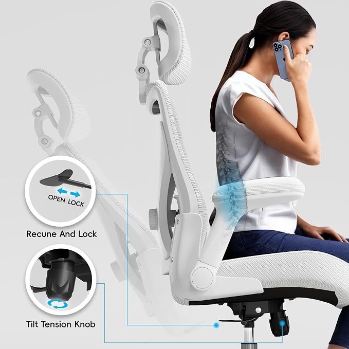 Ergonomic Office Chair:Home Office Desk Chairs with Headrest Lumbar Support | Ergalithic Ergonomic Desk Chair X-Shaped Mesh PU Leather Executive Computer Chair High Back Flip-Up Arms for Long Hour - Image 7