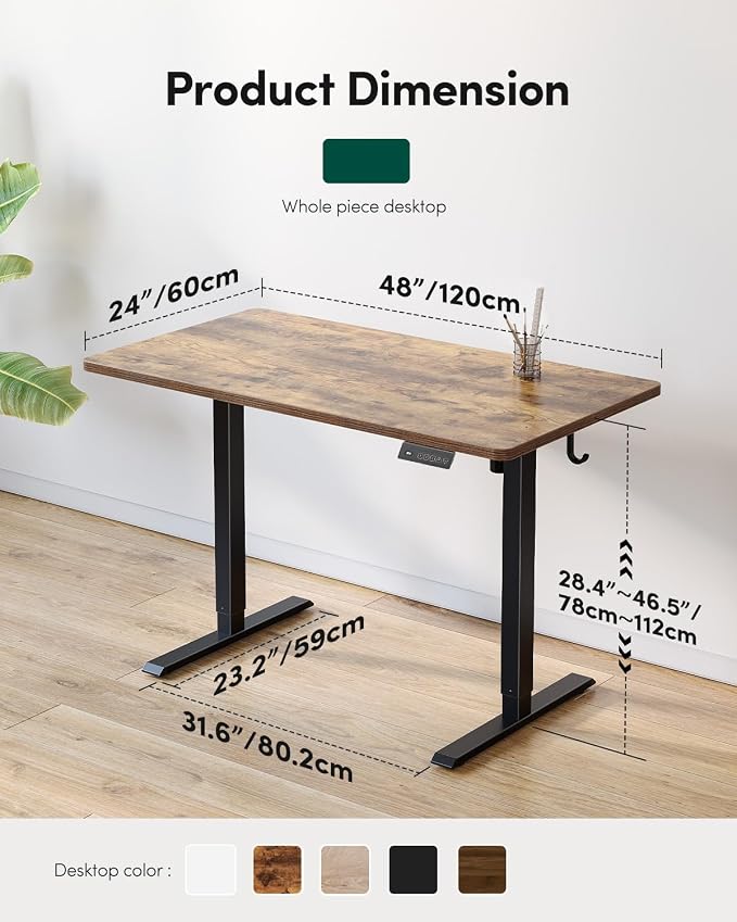 CubiCubi 48 x 24 One-Piece Electric Adjustable Standing Desk, Vintage Brown | Height Adjustable Electric Large Computer Home Office Sit Stand up Workstation, with Memory Presets, Headphone Hook - Image 2