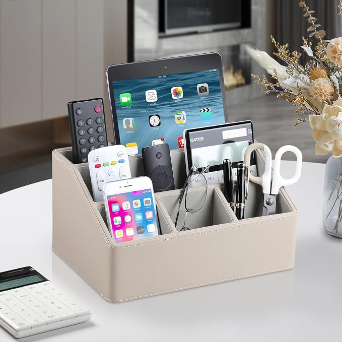 PU Leather Desk Organizer, Remote Control Holder, Dark Beige | Luxury Nightstand Organizer for Home, Office Desk Accessories, Bedside Table Caddy with 5 Compartments, Velvet Lining - Image 2