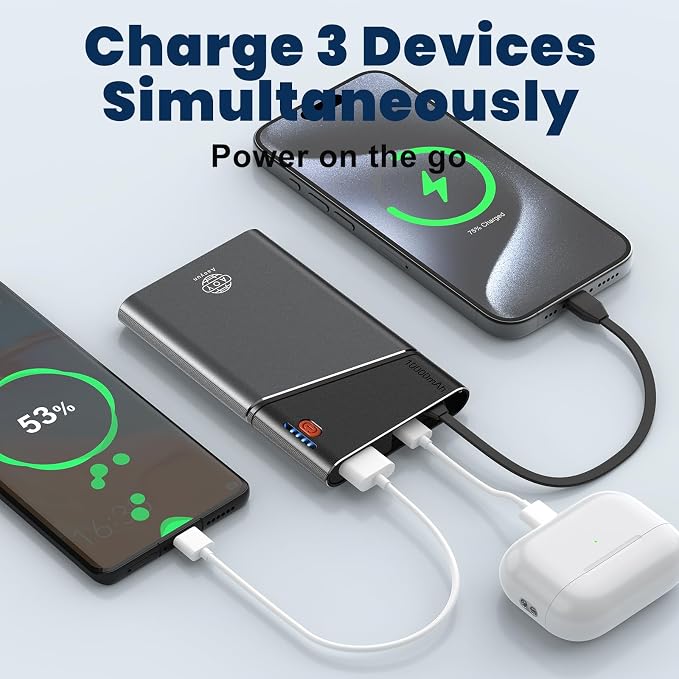 Aaoyun 10000mAh Portable Power Bank, 22.5W PD Fast Charging Battery Pack with Built-in USB-C Cable, Ultra-Slim External Phone Charger for iPhone 17/16/15, Samsung Galaxy S24, Android (Grey) - Image 9