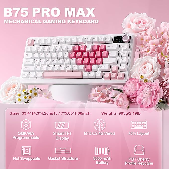 YUNZII B75 PRO MAX 75% Mechanical Keyboard (White Heart,Candy Switch) | QMK/VIA, Wireless Keyboard with Screen and Knob, Custom Hot Swap, Gasket Mount, Creamy Switches, RGB for Gaming/Win/Mac - Image 2