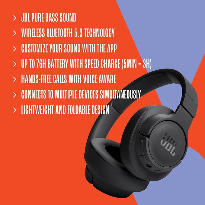 JBL Tune 720BT - Wireless Over-Ear Headphones - Purple | JBL Pure Bass Sound, Wireless Bluetooth 53 technology, Customize your listening experience, Hands-free calls with Voice Aware - Image 7