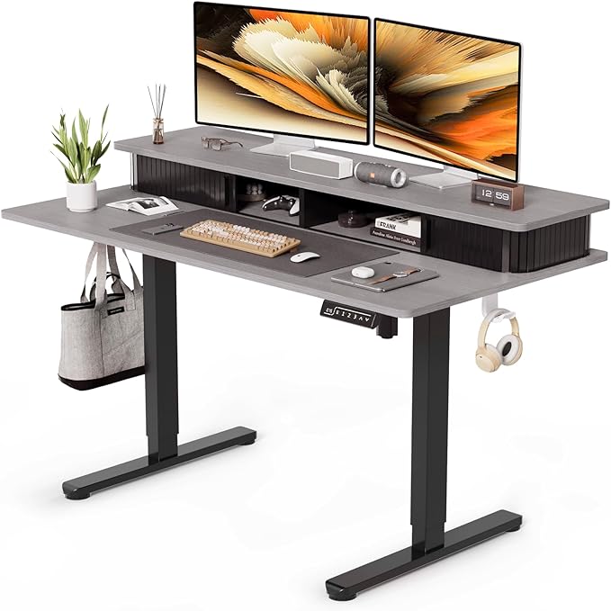 JOY worker 48" Electric Adjustable Standing Desk with Storage Monitor Stand | Grey Computer Desk Height Adjustable with Storage Shelves, Spacious Woskstation, Sit Stand Desk with 2 Hooks for Home Office by JOYworker