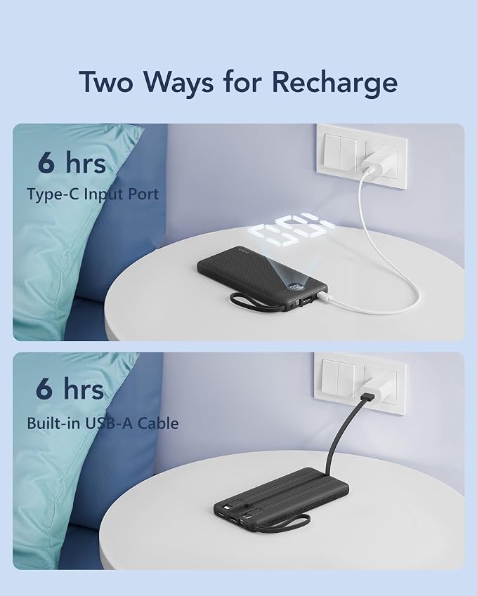 VRURC Portable Charger Power Bank, Built-in 4 Cables & 2 Ports 10000mAh | LED Display Slim Battery Pack,Compact Travel Essential Portable Phone Charger 5 Output for Multi Devices,Student/Teens(1Pack) - Image 5