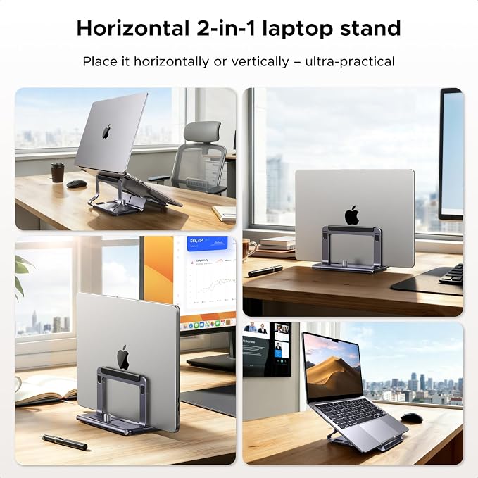 UGREEN 2-in-1 Laptop Stand for Desk, Horizental & Virtical Laptop Holder | Durable Aluminum Stand for Stability with Silicone Protection, Fits 13-16.2 inch Laptops and Tablets, Grey - Image 2