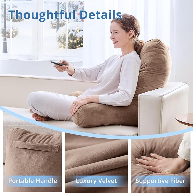 Sasttie Reading Pillow for Bed, Back Pillow for Sitting Up, Light Brown | 25" Backrest Support Cushion for Couch, Sofa, and Floor, Dorm Essentials, OEKO-TEX, Adjustable Down Alternative Fill - Image 4