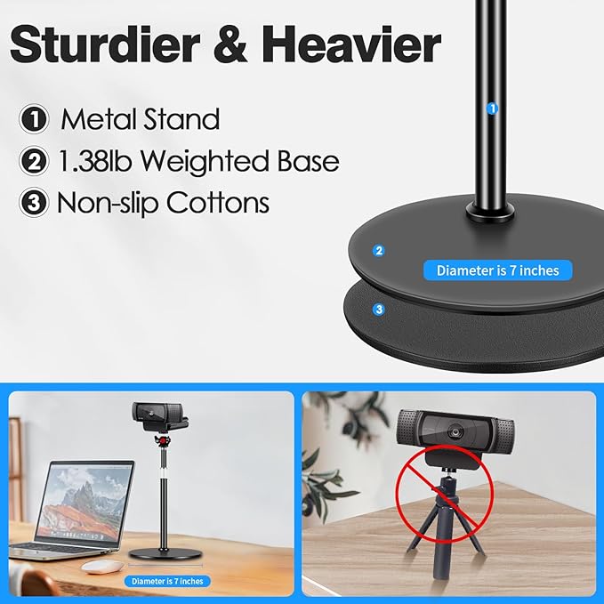 Webcam Tripod Stand for Desk: Webcam Stand for Logitech Brio | C920 | C922 | C615 | C930e - Height & Angle Adjustable Desktop Tripod for Light & 1/4" Thread for Live Streaming | Video Calling - Image 5