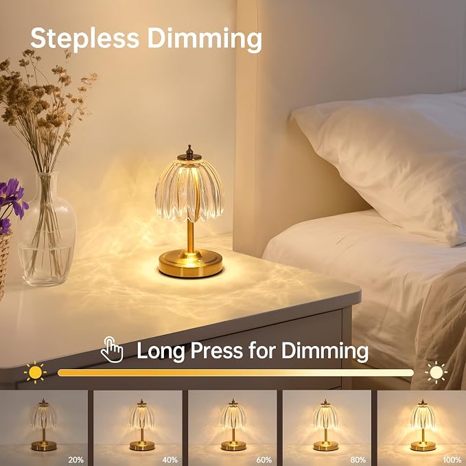 Shenmoyl Set of 2 Tulip Table Lamp with 5200mAh Battery & Touch Control, Cordless Small Table Lamp with 3 Colors, Rechargeable Battery Operated Table Lamps for Nightstand, Bedroom (Transparent Tulip) - Image 3