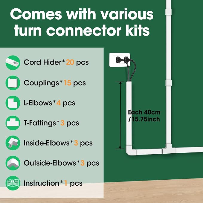 Cord Hider Kit, 315in Cord Covers for Wires on Wall, Paintable Wire Covers for Cords on Wall, Wire Hiders, Self-Adhesive Cable Hider Cord Organizer, 20X L14.5X W0.96x H0.57in - Image 4