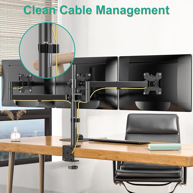 WALI Adjustable Triple Monitor Mount for 13-27 inch Screens, 22 lbs per Arm | 3 Monitor Desk Mount, Full Motion with Tilt, Swivel, Rotation, C-Clamp & Grommet Base, VESA 75/100mm (M003S), Black - Image 7