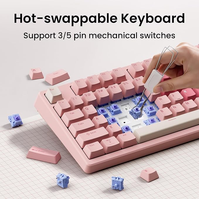 Kisnt KN85 Wireless Mechanical Keyboard, 75% Layout, Bluetooth/2.4GHz/USB-C, Custom RGB Backlit, Hot-Swappable Linear Switch, Creamy Sound for Gaming/Typing (Rose Pink) - Image 5