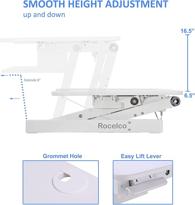 Rocelco 37.5" Deluxe Height Adjustable Standing Desk Converter - Quick Sit Stand Up Dual Monitor Riser - Gas Spring Assist Computer Workstation - Large Retractable Keyboard Tray - White (R DADRW) - Image 2