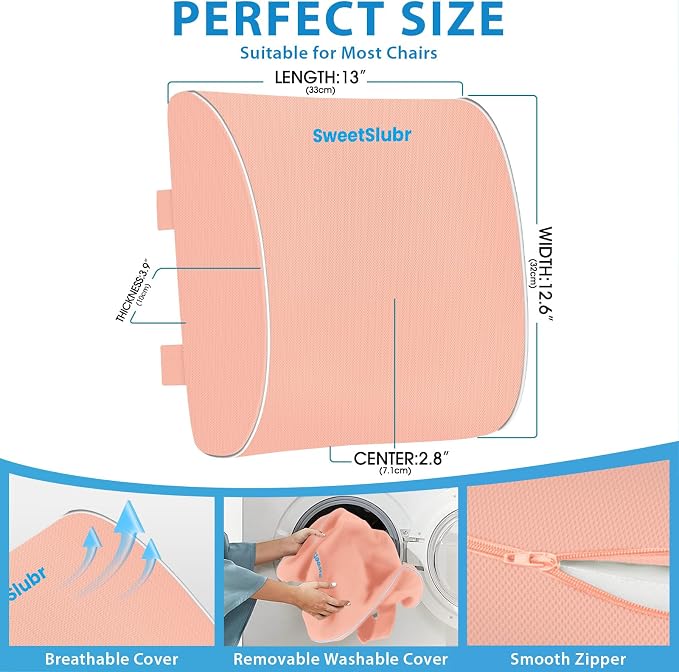 SweetSlubr Lumbar Support Pillow for Office Chair, Back Support(Pink,Large) | 3.9" Thick, Memory Foam, Adjustable Straps, Machine Washable Mesh Cover, Lower Back Pain Relief for Office, Car & Gaming - Image 2