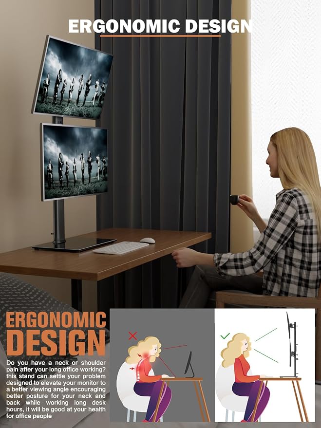 Dual Monitor Stand - Vertical Stack Screen Free-Standing Monitor Riser Fits Two 13 to 34 Inch Screen with Swivel, Tilt, Height Adjustable, Holds One (1) Screen Up to 44Lbs - Image 8