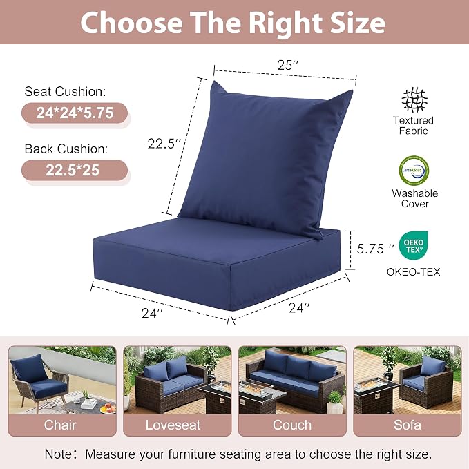 Outdoor Deep Seat Cushion Set, 24x24 Inch Water-Resistant & Fade-Resistant Outdoor Chair Cushions, Patio Furniture Cushions with Removable Cover for Patio Chair, Sofa,Navy Blue (Set of 6) - Image 2