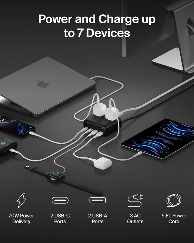 Belkin 70W GaN 7 in 1 Charging Station, 3X AC, 2X USB A, & 2X USB C Ports | Power strip, dual USB-C charger, iPhone 17/16/15, Apple Watch, iPad, MacBook, Samsung Galaxy S26, Pixel 10 - Image 2