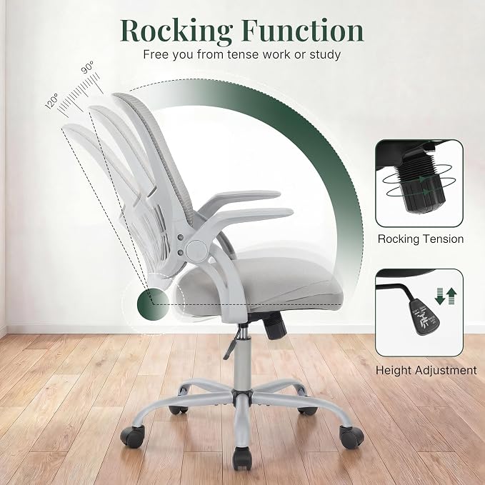 Home Office Desk Chair with Flip-up Armrest, Computer Chair | Lumbar Support, Height Adjustable, Mesh Mid-Back, Ergonomic Task Gaming Chair with 360° Swivel Wheels for Adults, Grey - Image 4