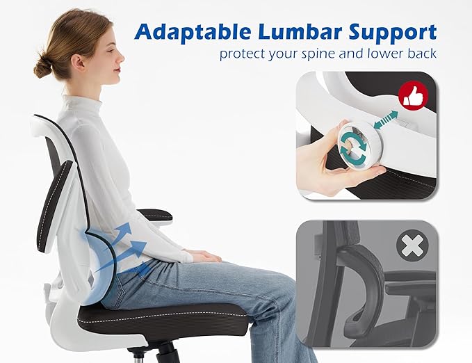 TRALT Ergonomic Office Chair Desk Chair with Adjustable Lumbar Support | Desk Chair Comfy with Flip-up Armrests Ergonomic Chair - Mesh Computer Chairs for Adults, 330lbs, PU Leather (Black White, 1) - Image 4