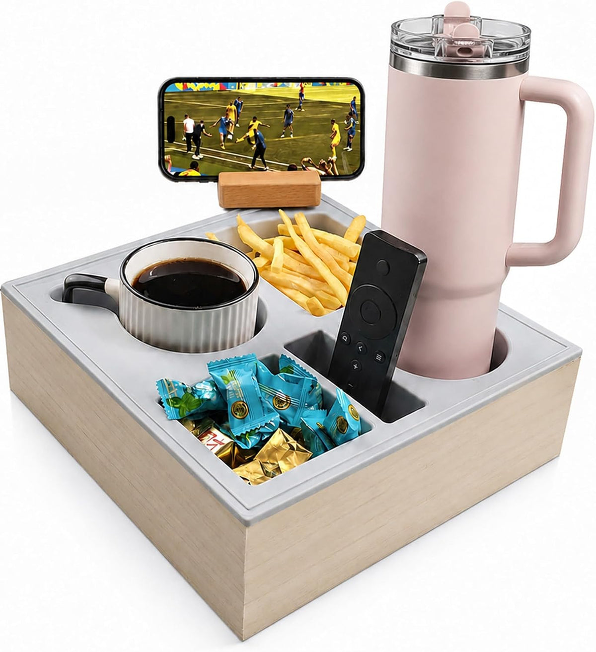 Couch Tray with Cup Holder, Sofa Arm Couch Caddy, Spill Resistant Organizer by ThinRinRin