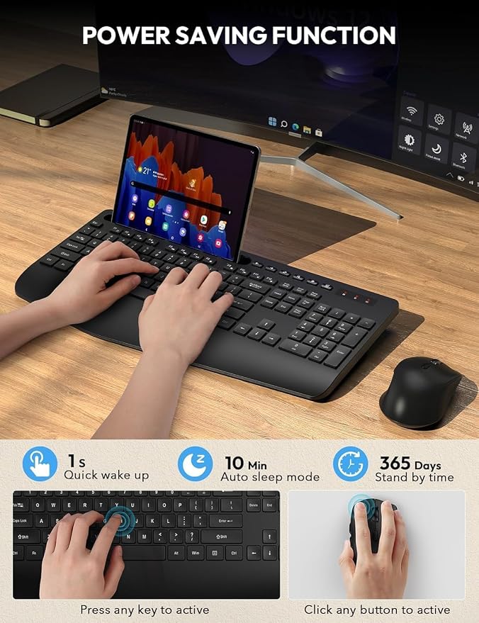 Wireless Keyboard and Mouse Combo, Full Size, Ergonomic Wrist Rest | Silent Typing, Phone Holder, 2.4 GHz, 3 Level DPI, Batteries Powered, KM23D Set Compatible with PC, Laptop, Windows, macOS - Image 7