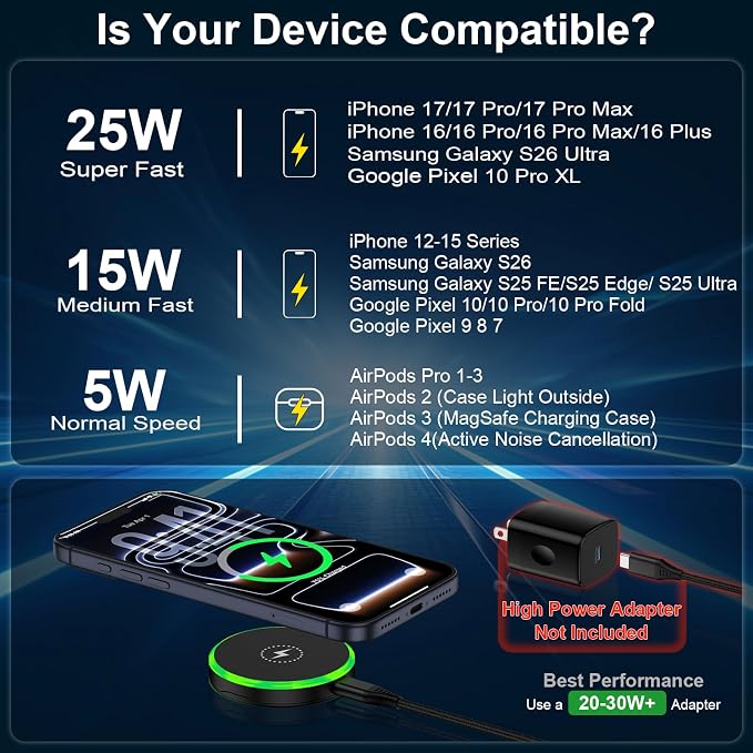 25W Magnetic Wireless Charger for Samsung S26 Ultra/S26 Fast Charging Pad | Magnet Wireless Phone Charger for Android Compatible with Samsung Galaxy S26+, Google Pixel 10/10 Pro XL/10 Pro Fold/10Pro - Image 5