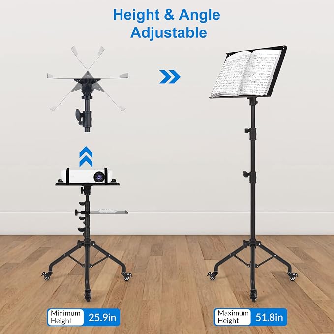 Tossbiss Laptop Tripod on Wheels with 2 Shelves | Portable Projector Floor Stand Adjustable Height 25.9 to 51.8 Inch with Phone Holder, Projector Stand - Image 3